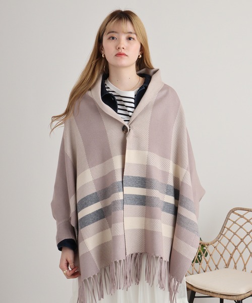 je crois soi タータンチェック袖付きニットケープカーディガン
