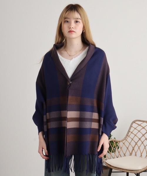 セール】je crois soi タータンチェック袖付きニットケープ