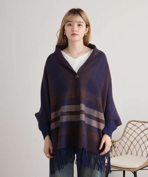 セール】je crois soi タータンチェック袖付きニットケープ