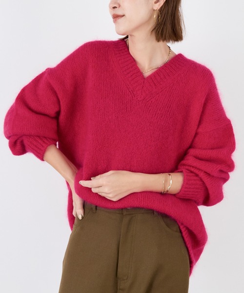 MICA&DEAL（マイカ＆ディール）の「ファンシーヤーンVネックプルオーバー（ニット/セーター・レディース・ピンク/ダークグリーン/ブラック/ライトベージュ・FREE）」の4枚目の写真