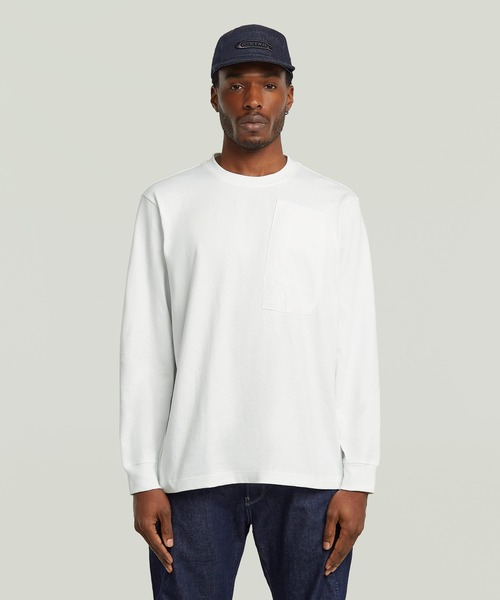 G-STAR（ジースター）の「OUTDOOR WOVEN POCKET LOOSE T-SHIRT/異素材ミックスオーバーサイズロングスリーブTシャツ（Tシャツ/カットソー・メンズ・ホワイト/ダークブラック・SMALL/MEDIUM/LARGE/X-LARGE/XX-LARGE/X-SMALL）」の2枚目の写真