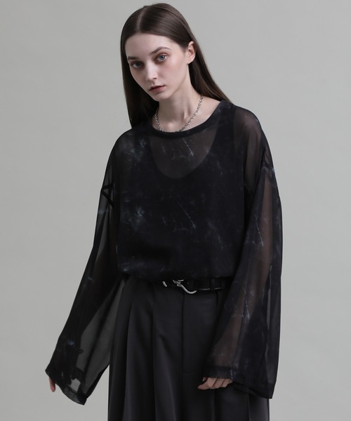 ELLUV/エルヴ】シルキーシフォンシアー マーブルフレアスリーブロンT