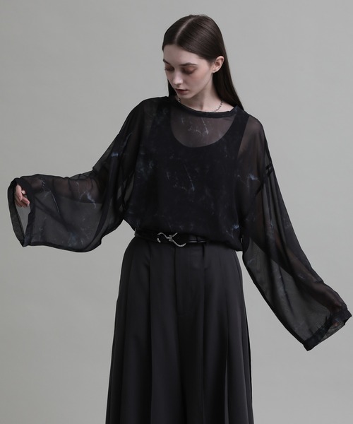 ELLUV(エルブ)の「【ELLUV/エルヴ】シルキーシフォンシアー マーブルフレアスリーブロンT(Tシャツ/カットソー・メンズ・ブラック/ブルー/ホワイト・S/M/L)」の10枚目の写真