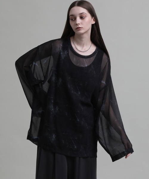 ELLUV/エルヴ】シルキーシフォンシアー マーブルフレアスリーブロンT