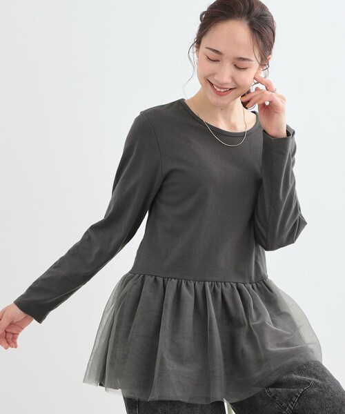 DRESKIP(ドレスキップ)の「【S-LL/体型カバー】いつものコーデにプラスワン 裾チュールインナー(Tシャツ/カットソー・レディース・ホワイト系/ライトグレー/チャコールグレー・01/02/03/04)」の1枚目の写真