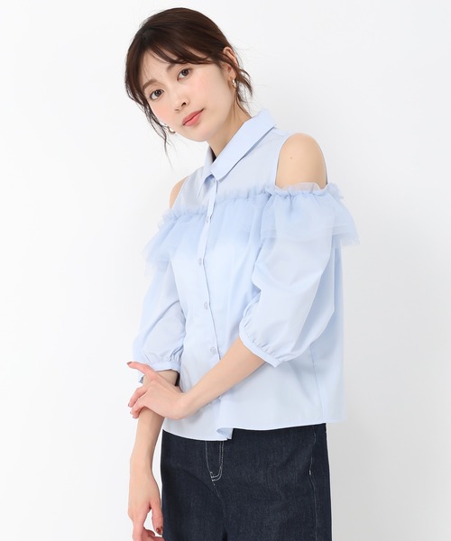MISCH MASCH(ミッシュマッシュ)の「オープンショルダーチュールフリルシャツ(シャツ/ブラウス・レディース・ブラック/ホワイト/ブルー・フリ-)」の12枚目の写真