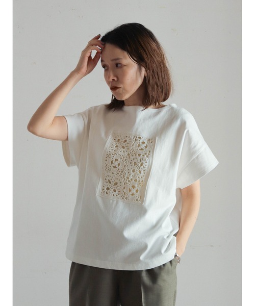 tシャツ カギ針モチーフドッキング　ボートネックP/O レディース セール】カギ針モチーフドッキング ボートネックP/O（Tシャツ