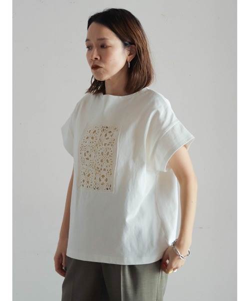 tシャツ カギ針モチーフドッキング　ボートネックP/O レディース セール】カギ針モチーフドッキング ボートネックP/O（Tシャツ
