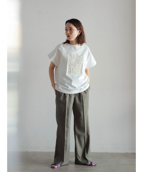 tシャツ カギ針モチーフドッキング　ボートネックP/O レディース セール】カギ針モチーフドッキング ボートネックP/O（Tシャツ