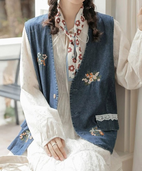 刺繍デニムベスト（ベスト）｜aimoha（アイモハ）のファッション通販