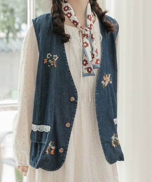 刺繍デニムベスト（ベスト）｜aimoha（アイモハ）のファッション通販