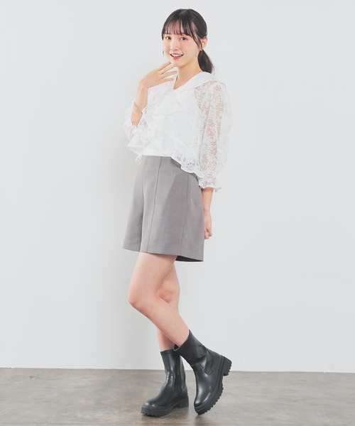 SCADAローレルピンク レース 7分袖ボレロ 8/上旬～中旬頃発送予定！パールボタン付き サマーニット ボレロ