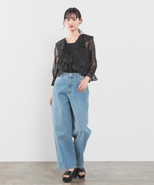 SCADAローレルピンク レース 7分袖ボレロ 8/上旬～中旬頃発送予定！パールボタン付き サマーニット ボレロ