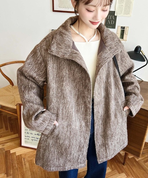 moment+（モーメントプラス）の「スタンドカラーメランジシャギーコート（その他アウター・レディース・グレー/チャコールグレー/モカ・M/L）」の6枚目の写真