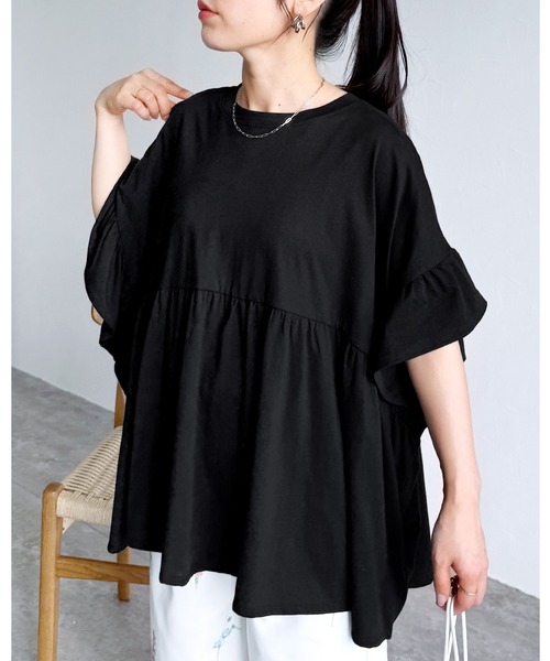 reca（レカ）の「フレンチ袖フリルプルオーバー（Tシャツ/カットソー・レディース・コーラル/チャコールグレー/アイボリー/ブラック・M）」の3枚目の写真