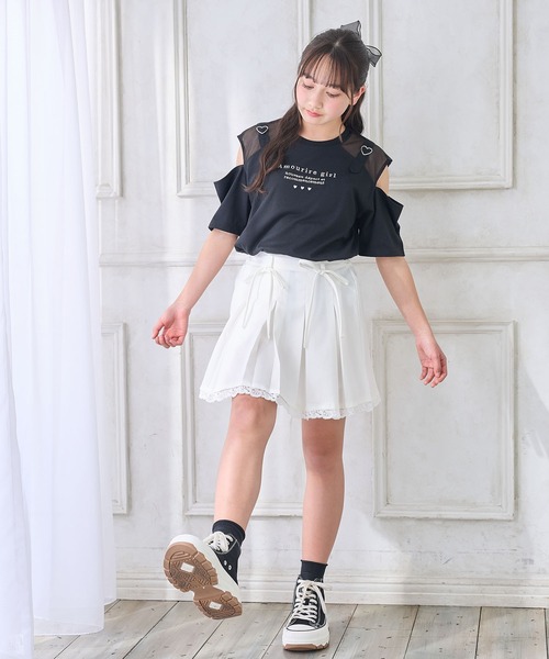 Amourire girl(アムリールガール)の「ハートベルトオープンショルダーTシャツ/カットソー(Tシャツ/カットソー・キッズ・ブラック/オフホワイト・130cm/140cm/150cm/160cm)」の18枚目の写真
