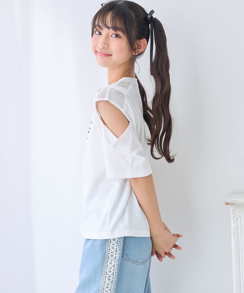 Amourire girl(アムリールガール)の「ハートベルトオープンショルダーTシャツ/カットソー(Tシャツ/カットソー・キッズ・ブラック/オフホワイト・130cm/140cm/150cm/160cm)」の7枚目の写真