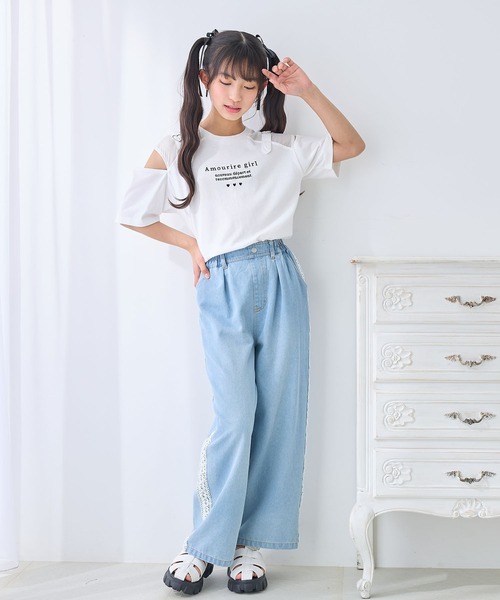 Amourire girl(アムリールガール)の「ハートベルトオープンショルダーTシャツ/カットソー(Tシャツ/カットソー・キッズ・ブラック/オフホワイト・130cm/140cm/150cm/160cm)」の14枚目の写真