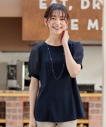 BLUELEA ペプラムデザイン 半袖Tシャツ ブラック/ベージュ green label relaxing tシャツ ドライサッカー ペプラム プル