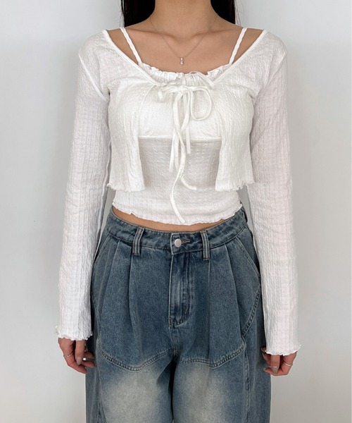 by muni:r（バイ ムニール）の「ラブリータンクトップ+ボレロカーディガンSET（カーディガン/ボレロ・レディース・ホワイト/ブルー/ライトイエロー・FREE）」の5枚目の写真