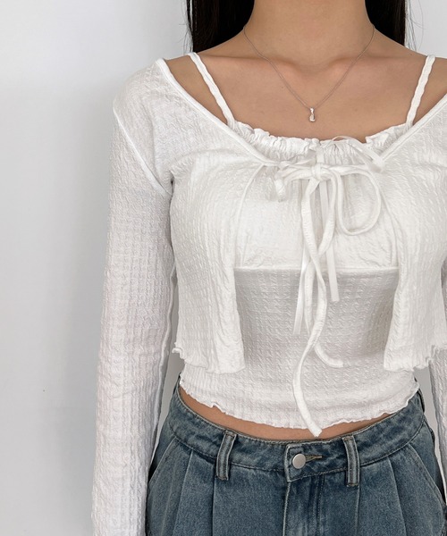 by muni:r（バイ ムニール）の「ラブリータンクトップ+ボレロカーディガンSET（カーディガン/ボレロ・レディース・ホワイト/ブルー/ライトイエロー・FREE）」の6枚目の写真