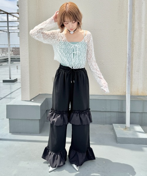 2025SS 今シーズン RHODOLIRIONシースルー フリル裾パンツ 黒紫 RHODOLIRION｜Swallow Frill Side PT (天竺・サイドフリルパンツ