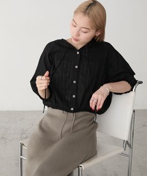 【forksy.】ドビーストライプ ラグランスリーブ 裾ギャザー半袖ブラウス