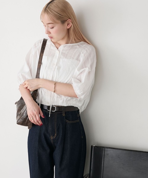 forksy.(フォルクシー)の「【forksy.】ドビーストライプ ラグランスリーブ 裾ギャザー半袖ブラウス(シャツ/ブラウス・レディース・テラコッタ/ホワイト/ブラック/アイボリー・FREE)」の7枚目の写真