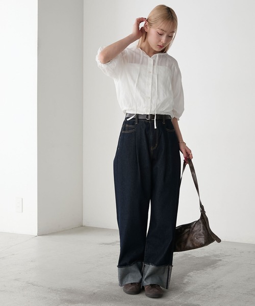 forksy.(フォルクシー)の「【forksy.】ドビーストライプ ラグランスリーブ 裾ギャザー半袖ブラウス(シャツ/ブラウス・レディース・テラコッタ/ホワイト/ブラック/アイボリー・FREE)」の13枚目の写真