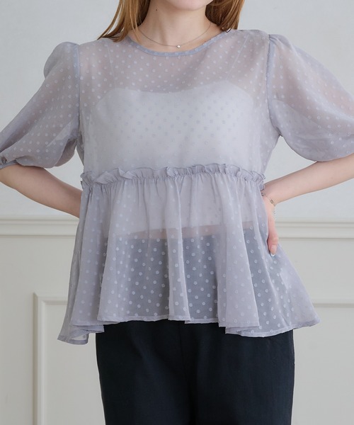 【新品】ドット刺繍シアーカットチュニック　ペプラム 🫧シアー刺繍レースチュニックブラウス🫧｜スリーフォータイム