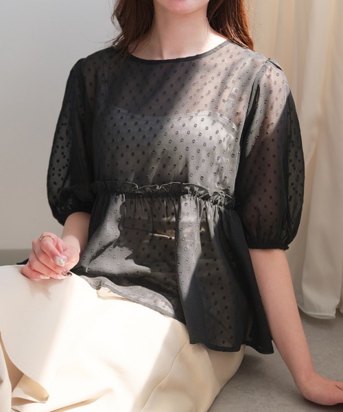 セール】dot sheer peplum tunic blouse / ドットシアーペプラム