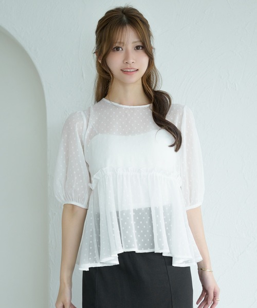 セール】dot sheer peplum tunic blouse / ドットシアーペプラム セール】dot sheer peplum tunic blouse / ドットシアーペプラム