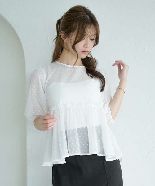 セール】dot sheer peplum tunic blouse / ドットシアーペプラム