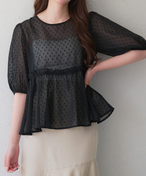 【新品】ドット刺繍シアーカットチュニック　ペプラム 新品】ドット刺繍シアーカットチュニック ペプラム