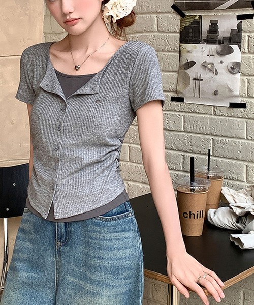 セール】カシュクール風ボタンカットソー（Tシャツ/カットソー