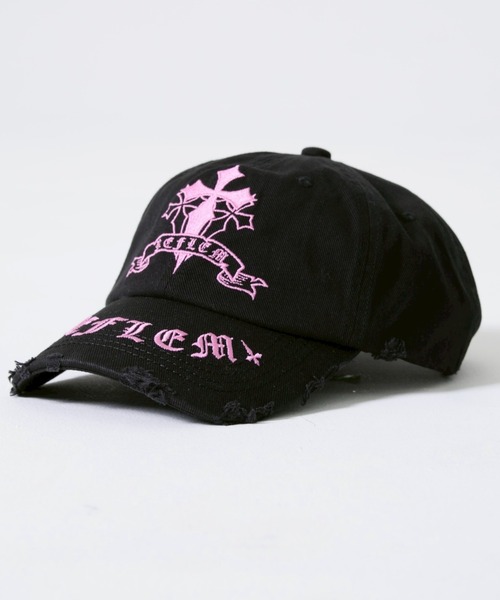 REFLEM(レフレム)の「『REFLEM/レフレム』クロス刺繍ダメージデニムCAP(キャップ・レディース・ブラック×パープル/ブラック×ホワイト/グレー/ブラック×ピンク・FREE)」の4枚目の写真