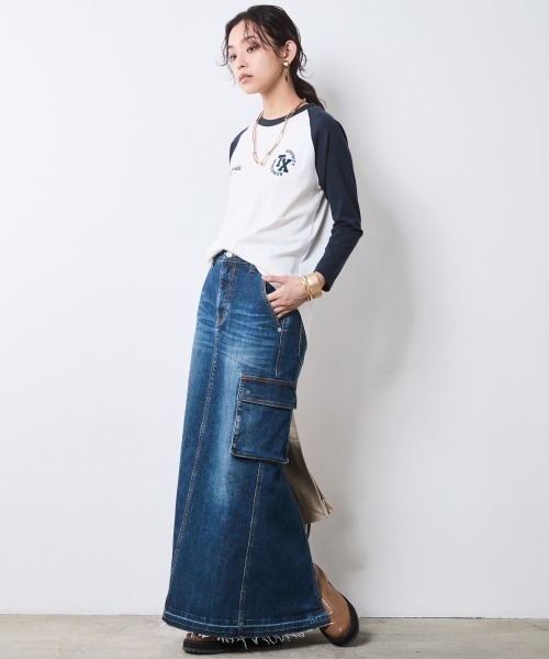 CHIC STYLE（シックスタイル）の「アウトポケットデニムマキシスカート＜大きいサイズ有＞シックスタイル（デニムスカート・レディース・ブルー系/ブラック系・M/L/LL/3L/4L/5L）」の4枚目の写真