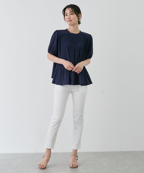 Jayro(ジャイロ)の「消しプリーツフレア半袖ブラウス(シャツ/ブラウス・レディース・ホワイト系その他2/ブラック系その他/ホワイト系その他/ネイビー・M)」の7枚目の写真