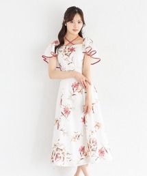 リリープリントフレアスリーブバックレースアップワンピース