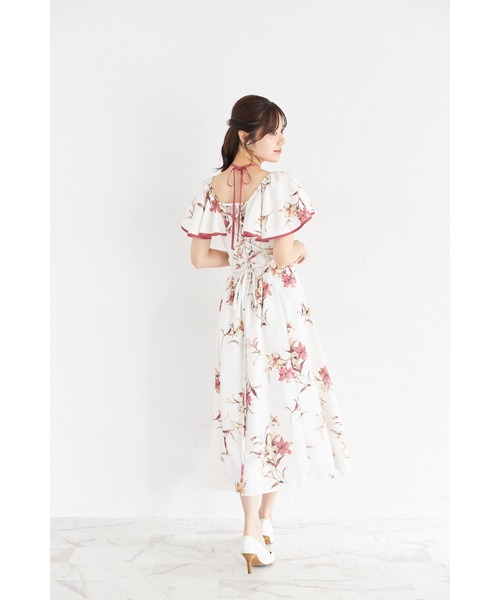 リリープリントフレアスリーブバックレースアップワンピース トッコクローゼット tocco closet リリープリントフレアスリーブ