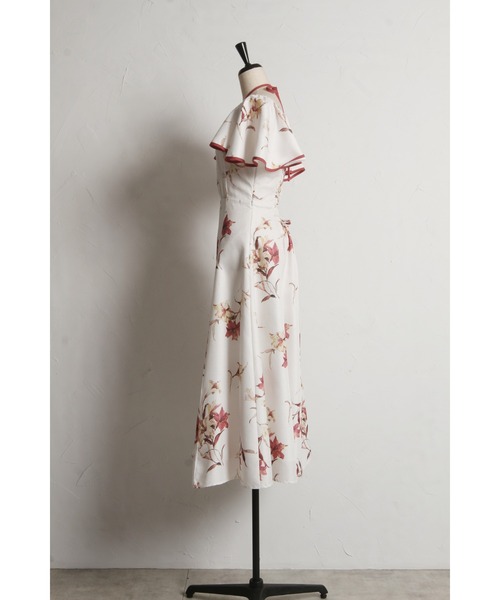 リリープリントフレアスリーブバックレースアップワンピース