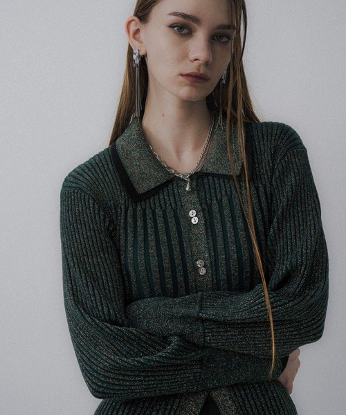HARE(ハレ)の「レイヤーシャツラメリブニットカーディガン(HARE)(カーディガン/ボレロ・レディース・ブラック/ブラウン/パープル/グリーン/グレー/ブラック系その他・FREE)」の5枚目の写真