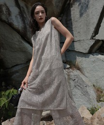 Callarus | 【お呼ばれ・よそいき・結婚式・パーティー・オケージョンドレス】ライトニング総レースワンピースワイドパンツセットアップドレス(ワンピース+パンツ)〔Callarus〕(パンツドレス)