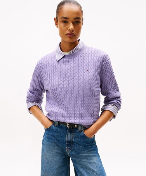 コットンケーブルファインゲージロングスリーブセーター（ニット