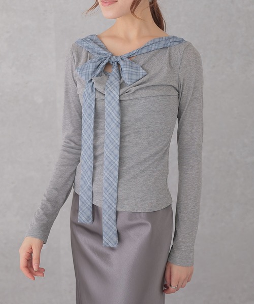 Lace Ladies(レースレディース)の「チェック柄 リボン付き デザイン 長袖 プルオーバー(Tシャツ/カットソー・レディース・グレー/ブラウン/ミント・FREE)」の1枚目の写真