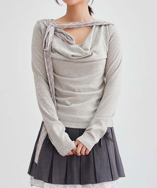 Lace Ladies(レースレディース)の「チェック柄 リボン付き デザイン 長袖 プルオーバー(Tシャツ/カットソー・レディース・グレー/ブラウン/ミント・FREE)」の3枚目の写真