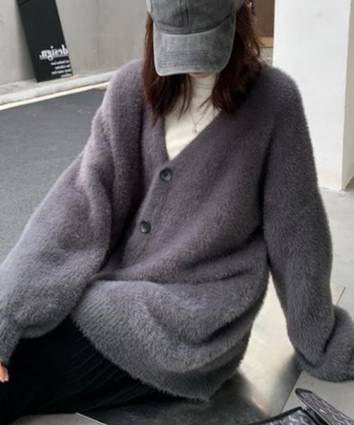 cammie(キャミー)の「シャギヤーンロングカーディガン(ニット/セーター・レディース・ブラック/アイボリー/グレー・F)」の3枚目の写真