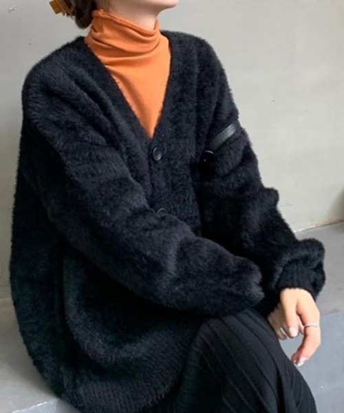 cammie(キャミー)の「シャギヤーンロングカーディガン(ニット/セーター・レディース・ブラック/アイボリー/グレー・F)」の2枚目の写真