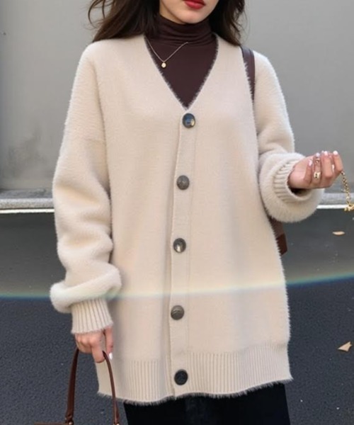 cammie(キャミー)の「シャギヤーンロングカーディガン(ニット/セーター・レディース・ブラック/アイボリー/グレー・F)」の4枚目の写真