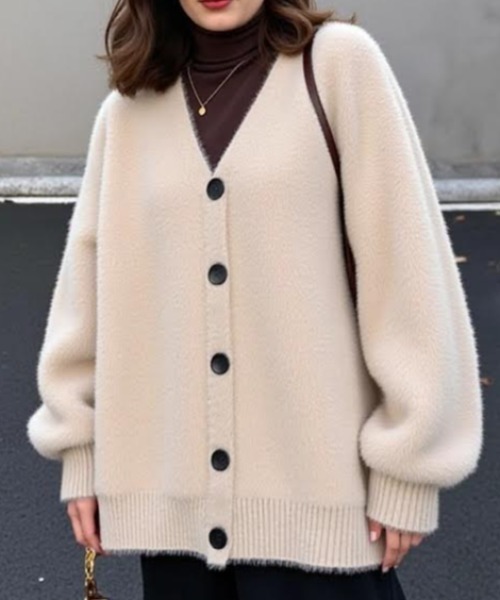 cammie(キャミー)の「シャギヤーンロングカーディガン(ニット/セーター・レディース・ブラック/アイボリー/グレー・F)」の5枚目の写真
